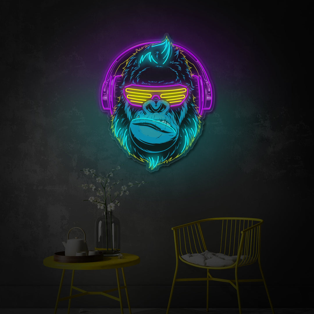 "Monkey cyberpunk con cuffia, decorazione della sala giochi" Insegna al neon a LED stampata con UV