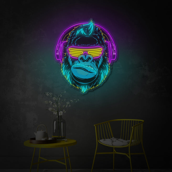 "Monkey cyberpunk con cuffia, decorazione della sala giochi" Insegna al neon a LED stampata con UV