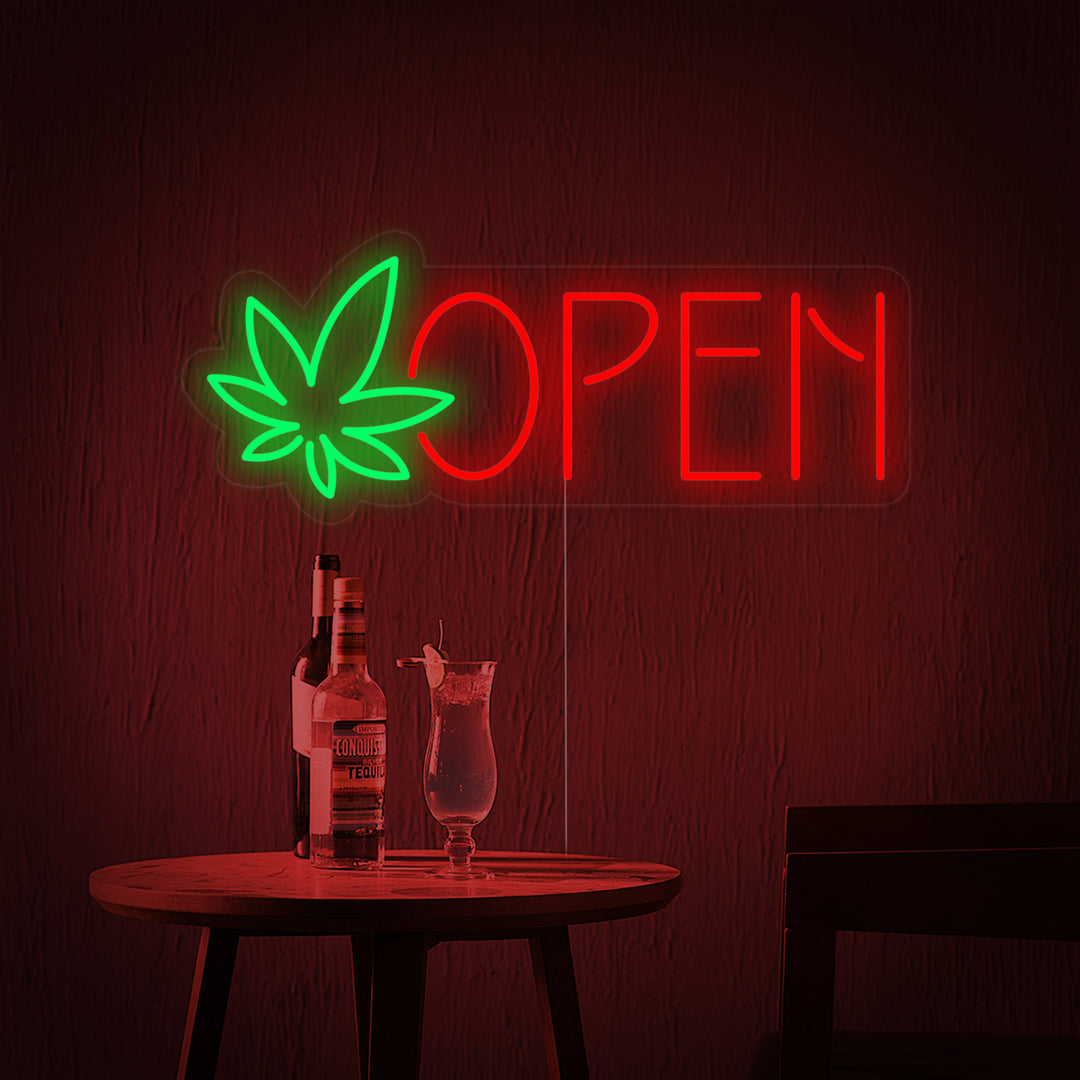 "open, dispensary, foglia di marijuana" Insegna al neon