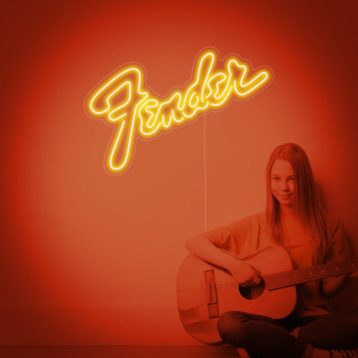 Insegna al neon LED gialla con logo Fender.