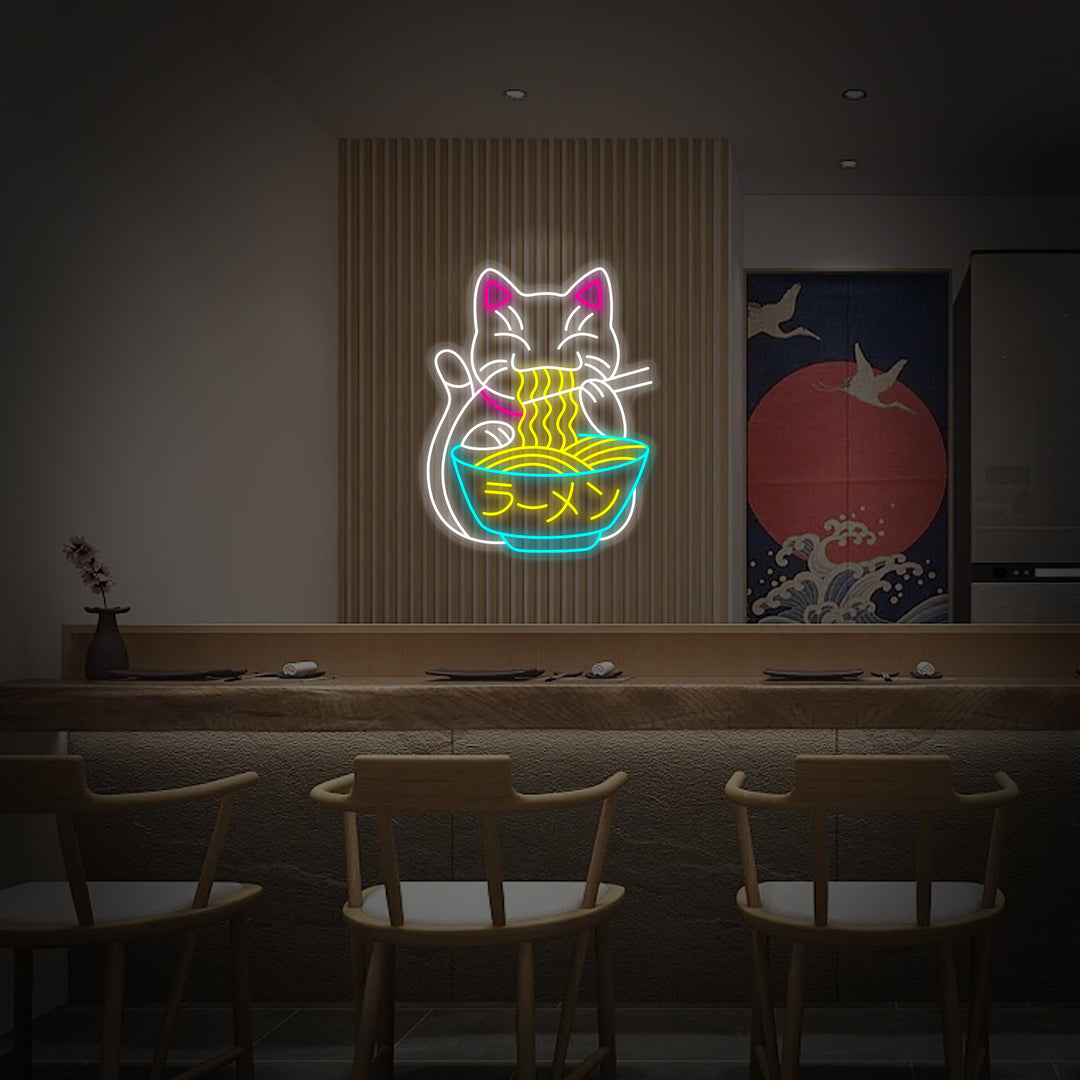 "Gatto Portafortuna Mangia Ramen E Noodles Giapponesi" Insegna al neon