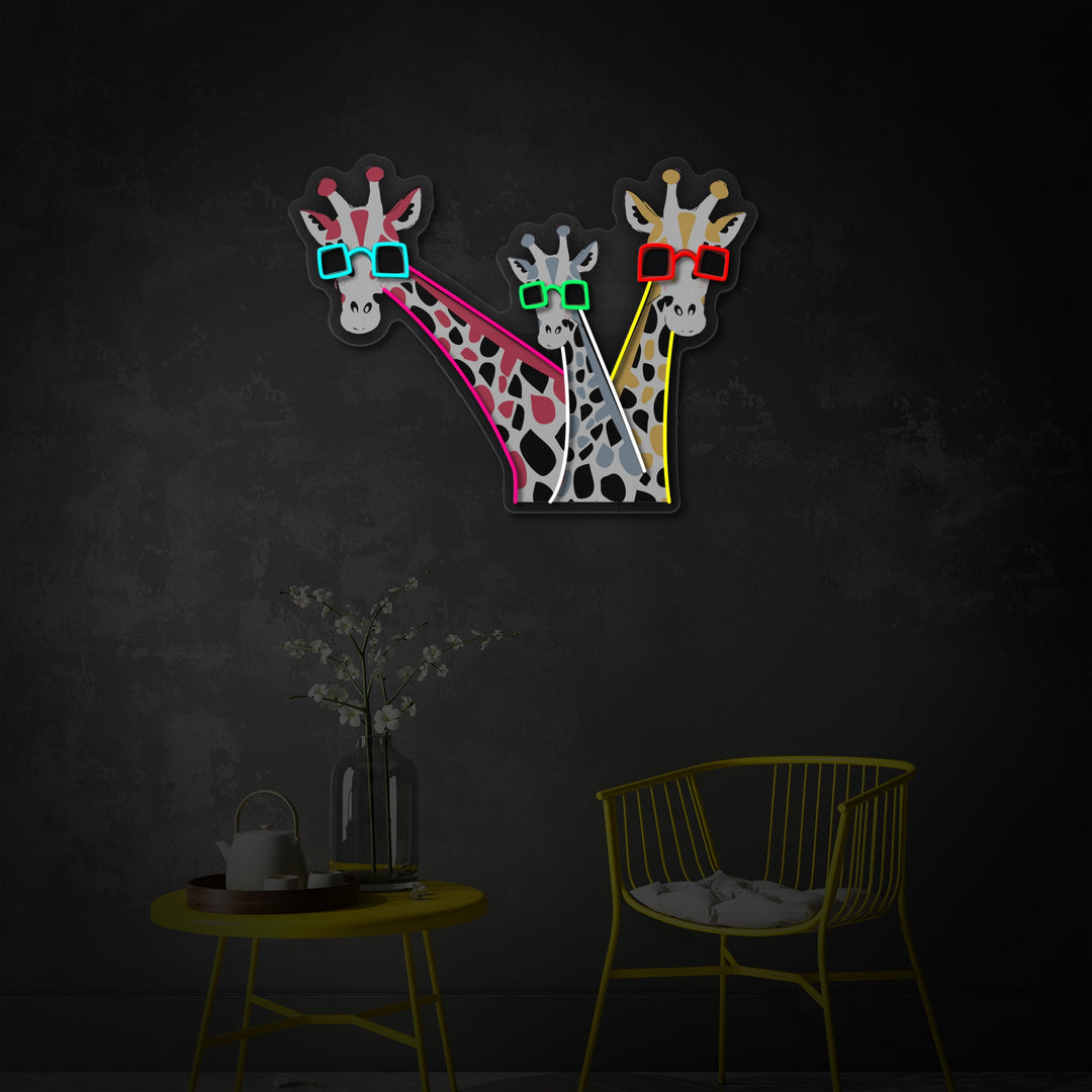 "Giraffe divertenti con occhiali da sole" Insegna al neon a LED stampata con UV