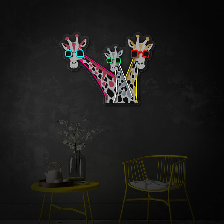 "Giraffe divertenti con occhiali da sole" Insegna al neon a LED stampata con UV