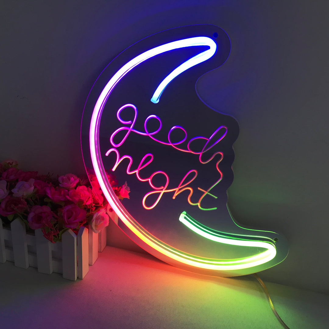 "Good Night, Cambio Di Colore Sognante" Insegna al neon con supporto a specchio