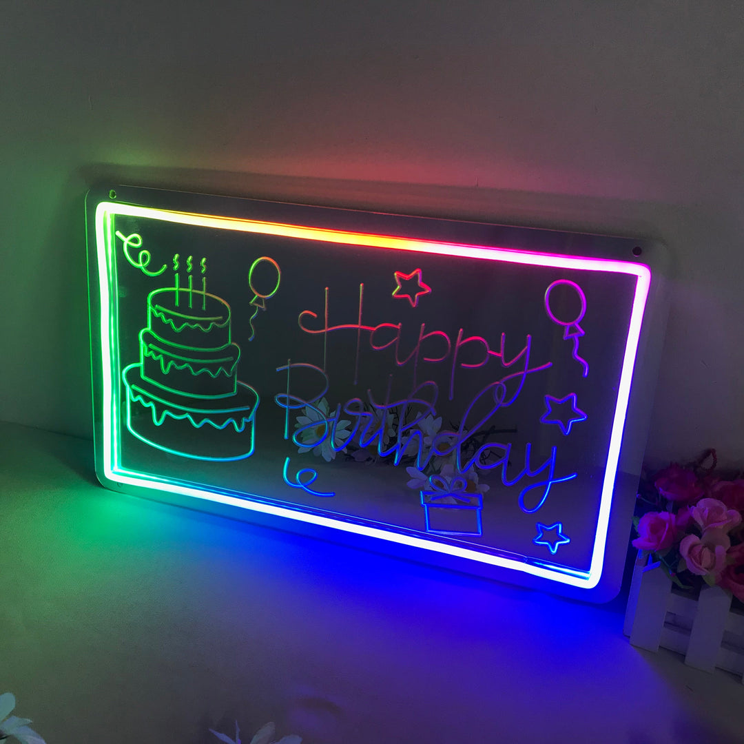 "Happy Birthday, Cambio Di Colore Sognante" Insegna al neon con supporto a specchio