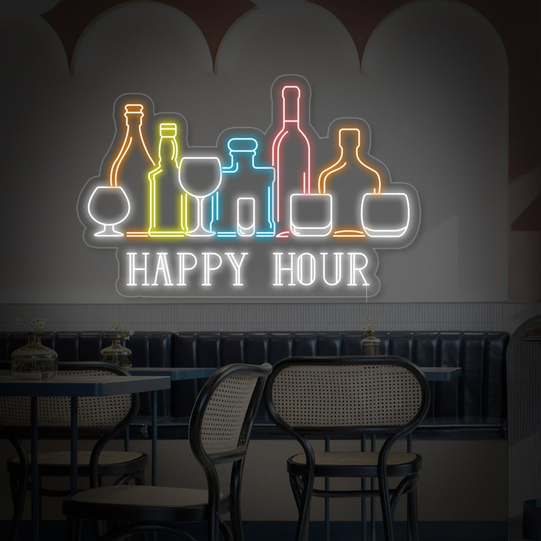 "Happy Hour Bar Vini Bottiglie" Insegna al neon