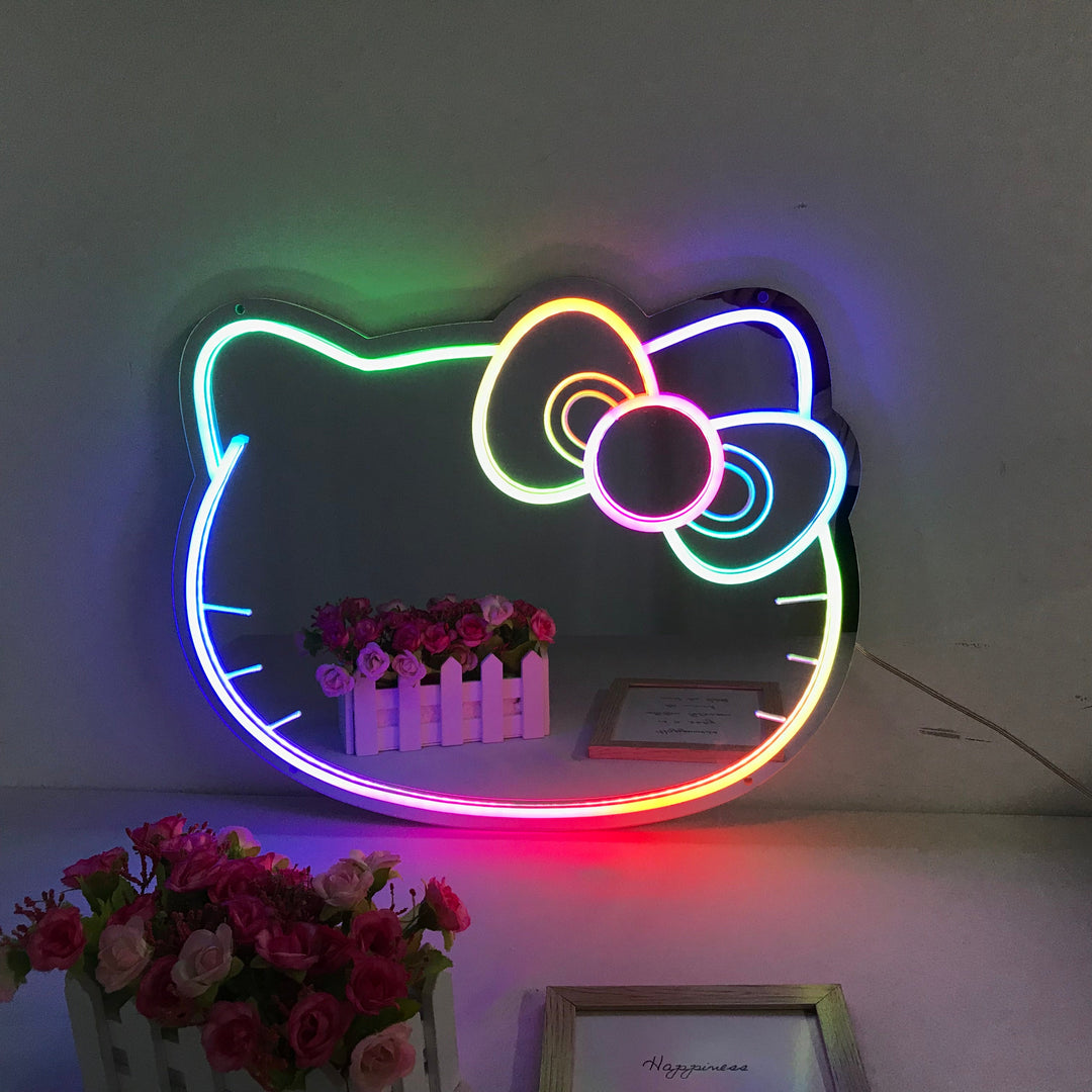 "Gatto Micino, Cartone Animato, Cambio Di Colore Sognante" Insegna al neon con supporto a specchio