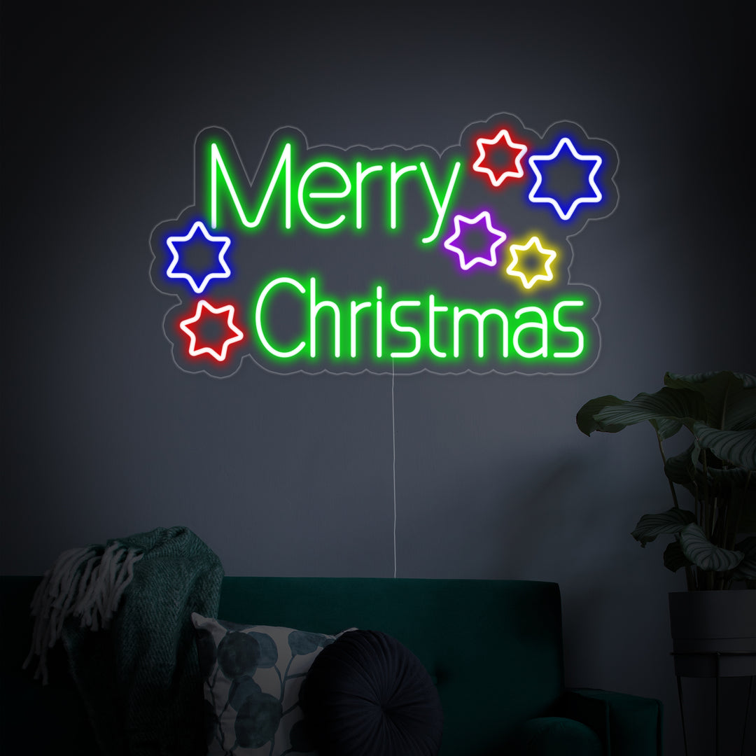 "Stelle, Merry Christmas" Insegna al neon