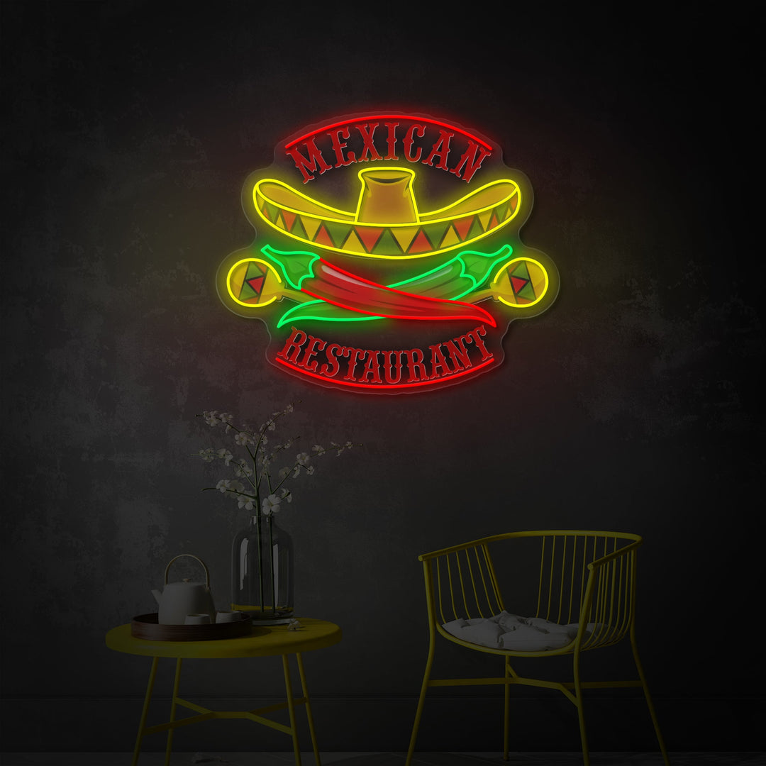 "Ristorante messicano sombrero maracas pepe" Insegna al neon a LED stampata con UV