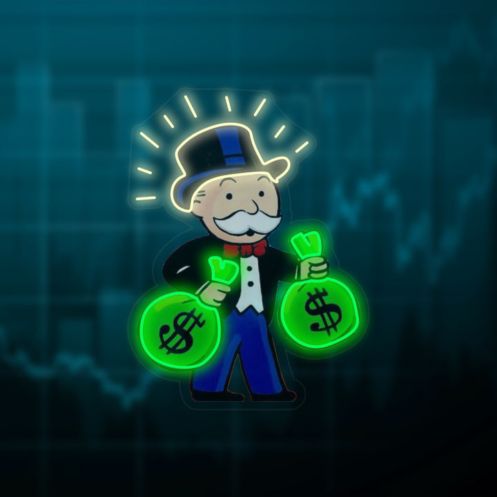 "Uomo Del Monopolio Con Borsa Di Denaro" Insegna al neon