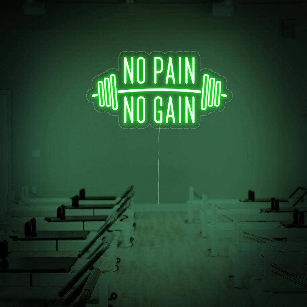 Insegna neon LED verde No Pain No Gain con manubri