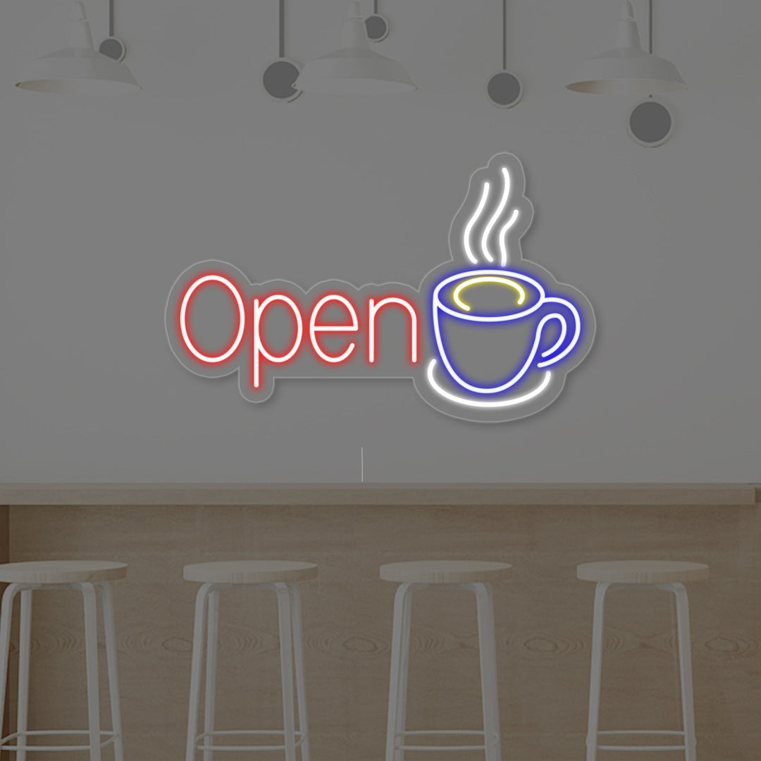 "Open, Tazza da caffè" Insegna al neon