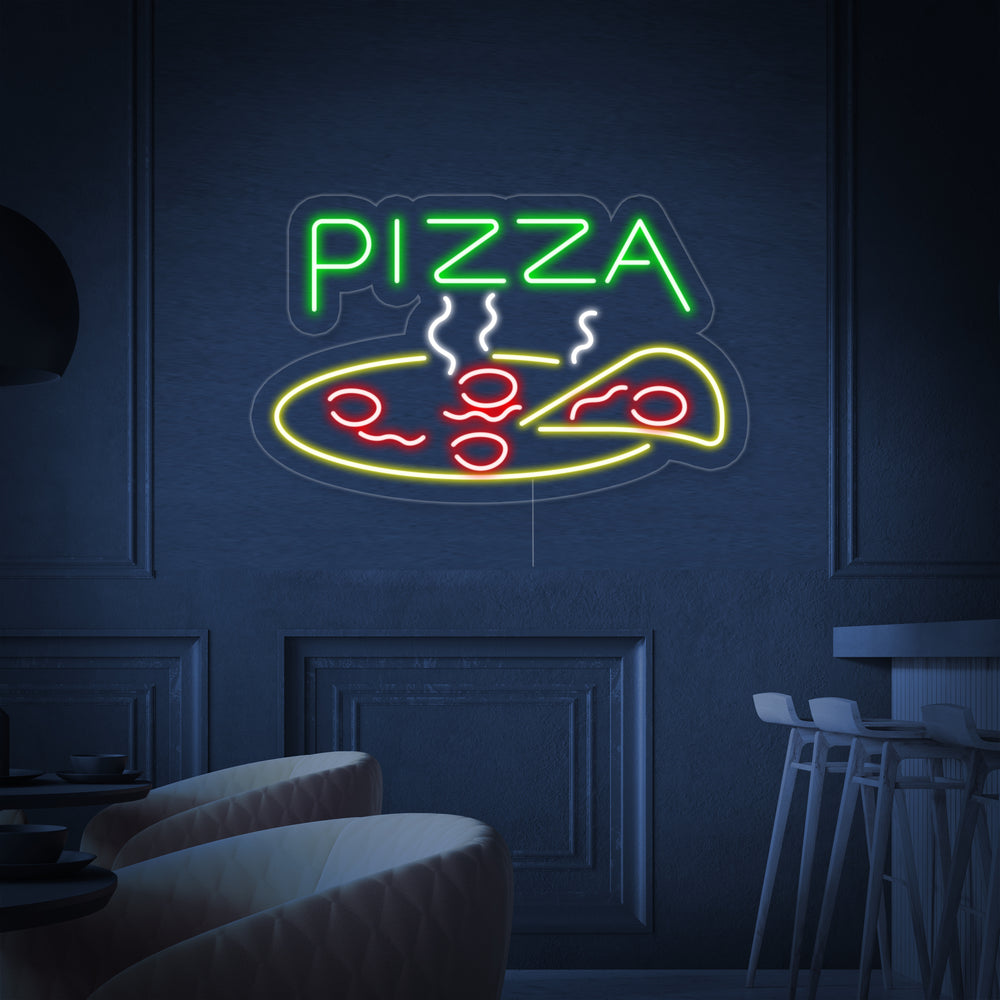 Insegna neon LED pizza fumante colorata