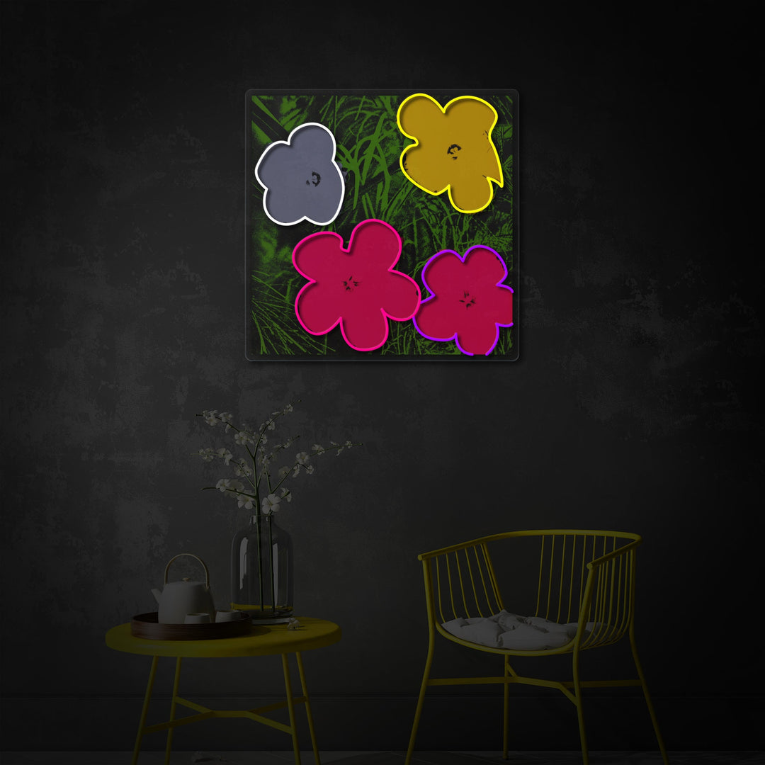 "Pop art in bloom, famosi fiori dell'artista" Insegna al neon a LED stampata con UV