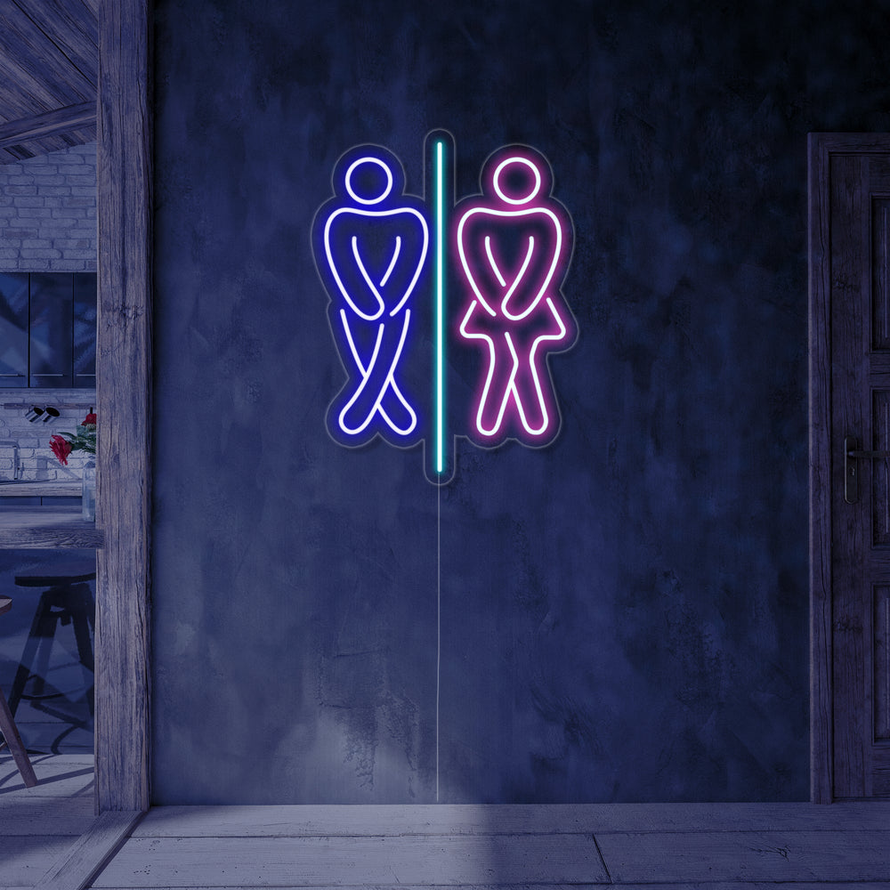 Insegna al neon LED con icone uomo e donna in posa divertente davanti al bagno