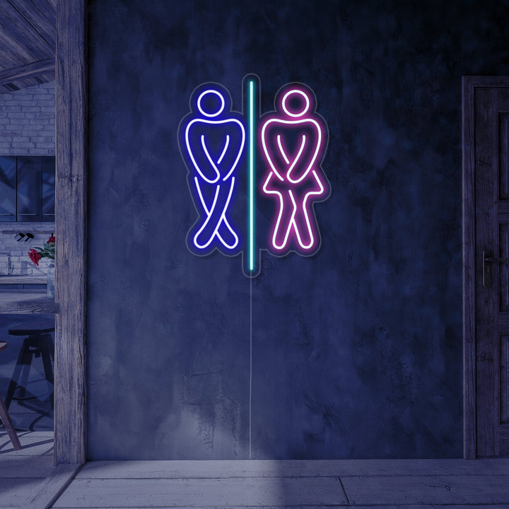 Insegna al neon LED con icone uomo e donna in posa divertente davanti al bagno