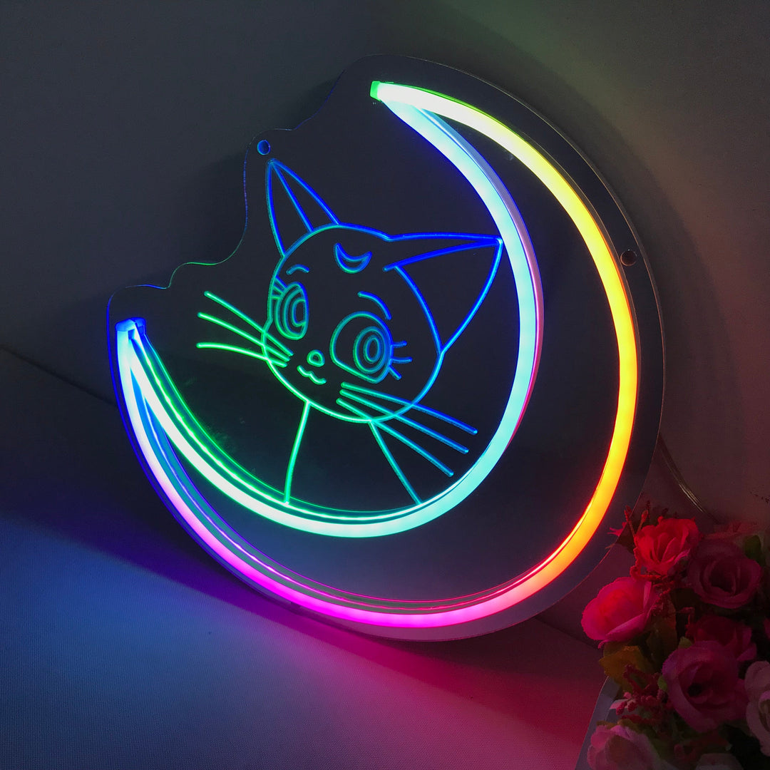 "Sailor Moon Luna, Anime, Cambio Di Colore Sognante" Insegna al neon con supporto a specchio