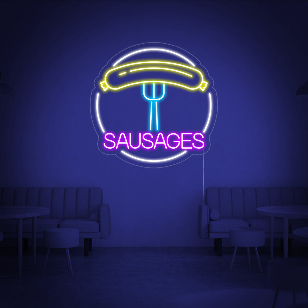 "Sausages, korv, gaffel" Insegna al neon