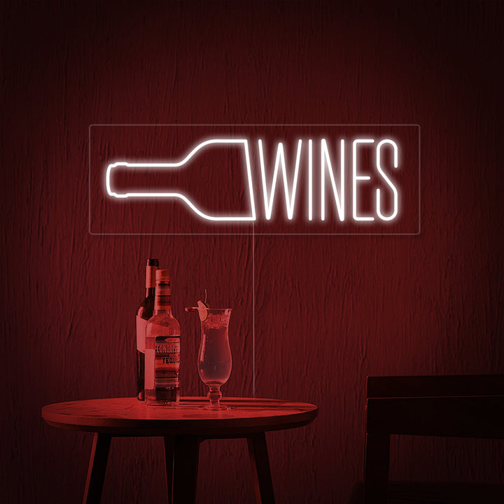 Insegna neon LED con sagoma di bottiglia e scritta “WINES”