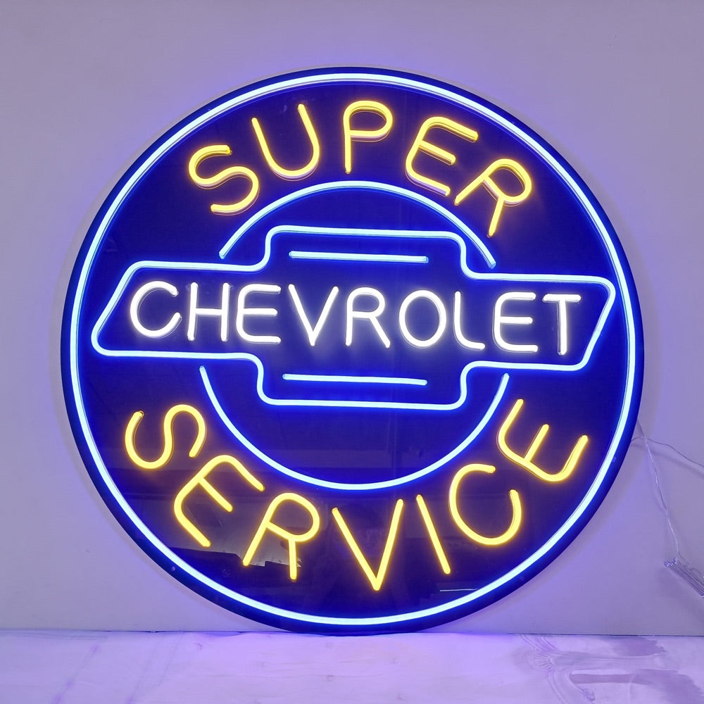 Finito Chevrolet logo neon segno luminoso in blu e giallo